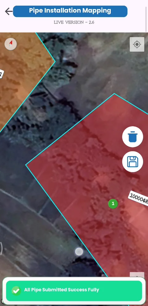 Pipe installation mapping in the AWD app: the pipe is placed inside the farmer's plot boundary on satellite imagery