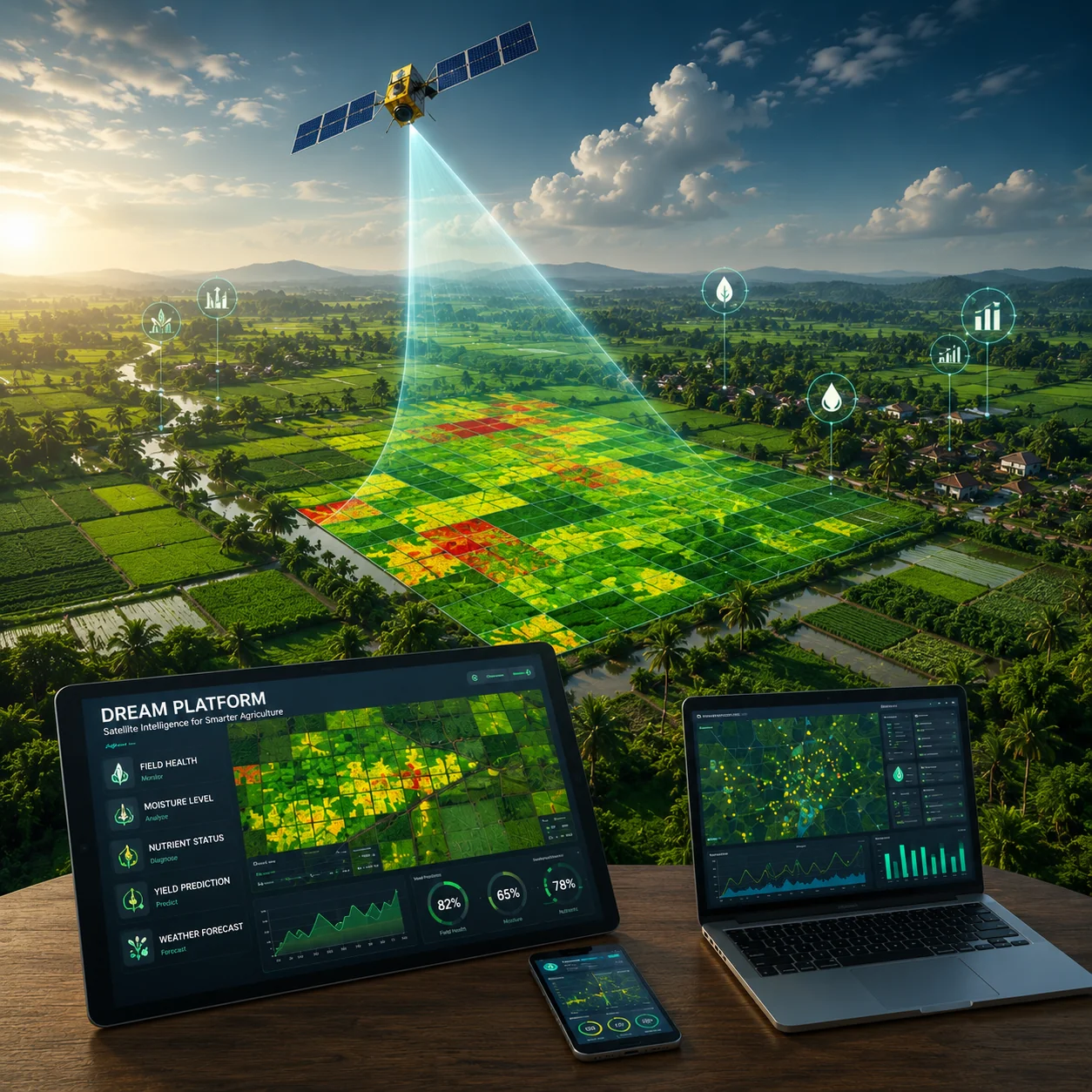 DREAM Platform — satellite intelligence dashboards over rice fields